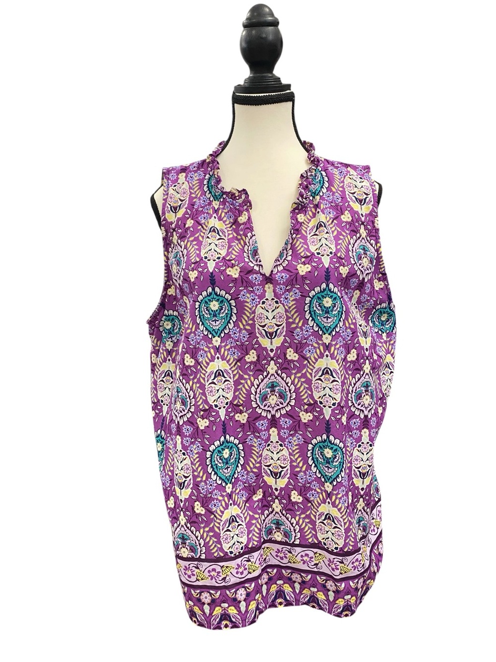 Talbots 100% Cotton Purple Printed Sleeveless V-Neck Top Size XL